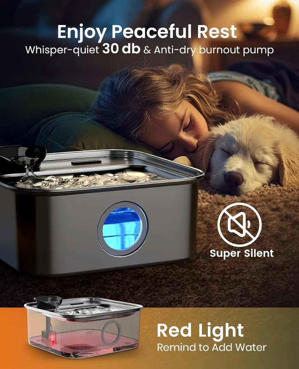 10L/2.6Gal Stainless Steel Dog Water Fountain for Large Breeds, Automatic Dispenser with Wide Deep Bowl, Triple Filtration & Quiet Pump