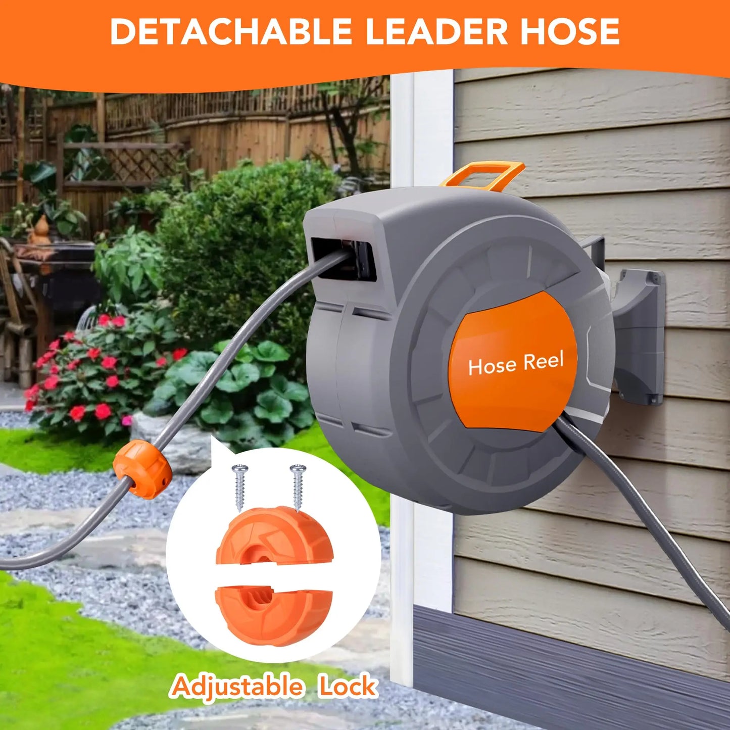 Wall Mounted Retractable Garden Hose Reel, 1/2 in x 72/100 ft, Auto Slow Rewind, 180° Swivel, 9-Function Nozzle, Any Length Lock