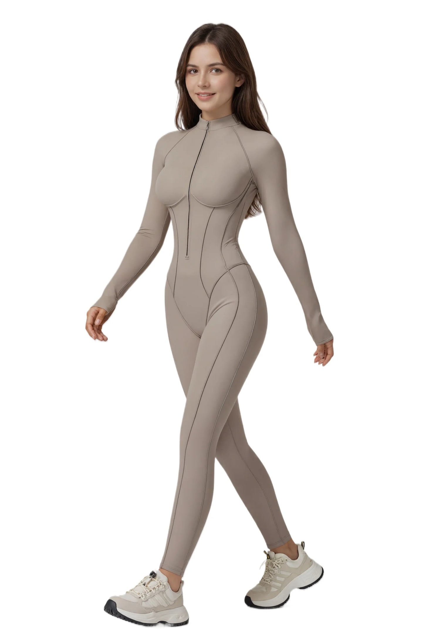 Zip Front Long Sleeve Yoga&Pilates Fit Jumpsuit，One Piece Bodycon for Women, Tummy Control High Stretch S Fitness Sport Outfits