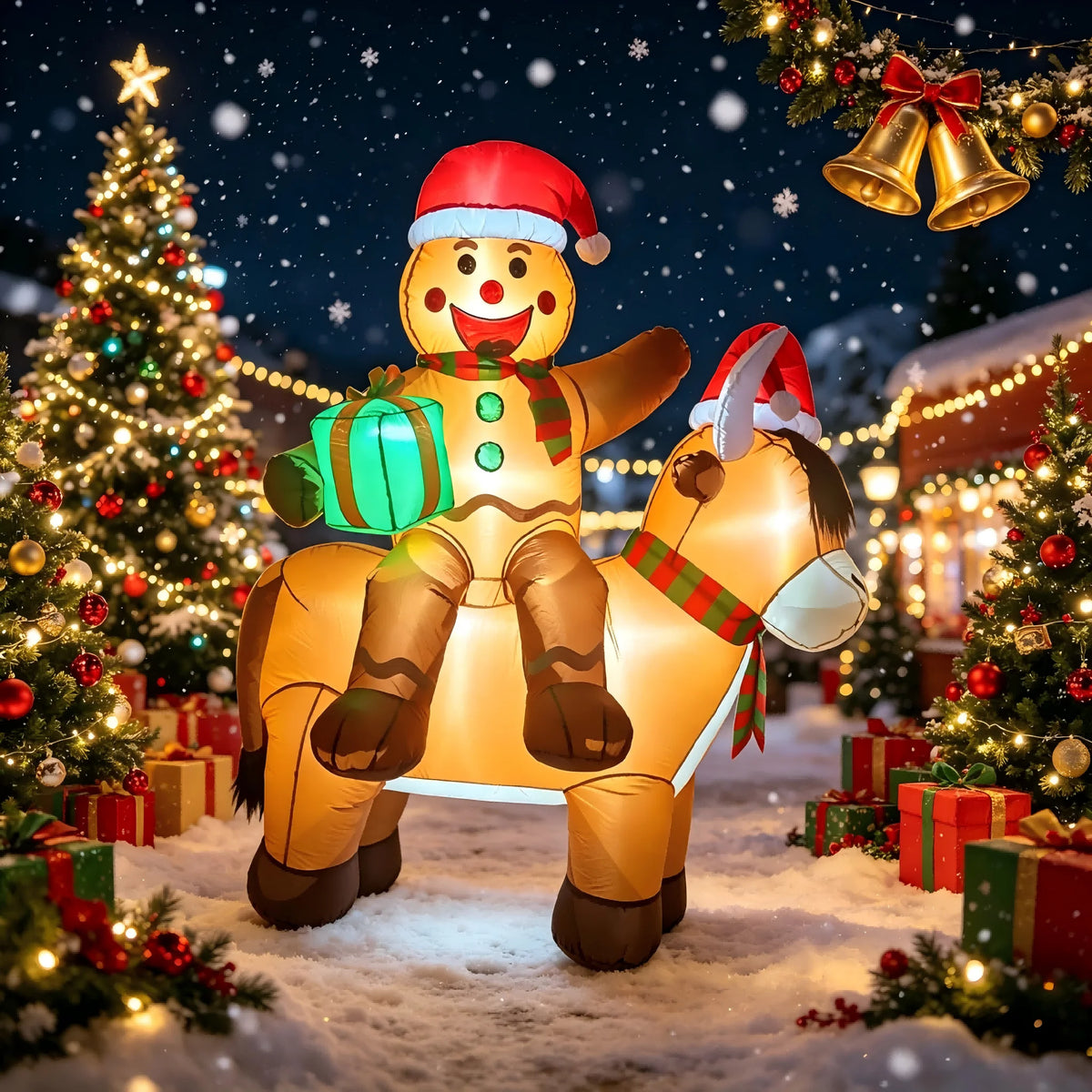 6FT Christmas Inflatables Gingerbread Man on Highland Cow Outdoor Decorations,