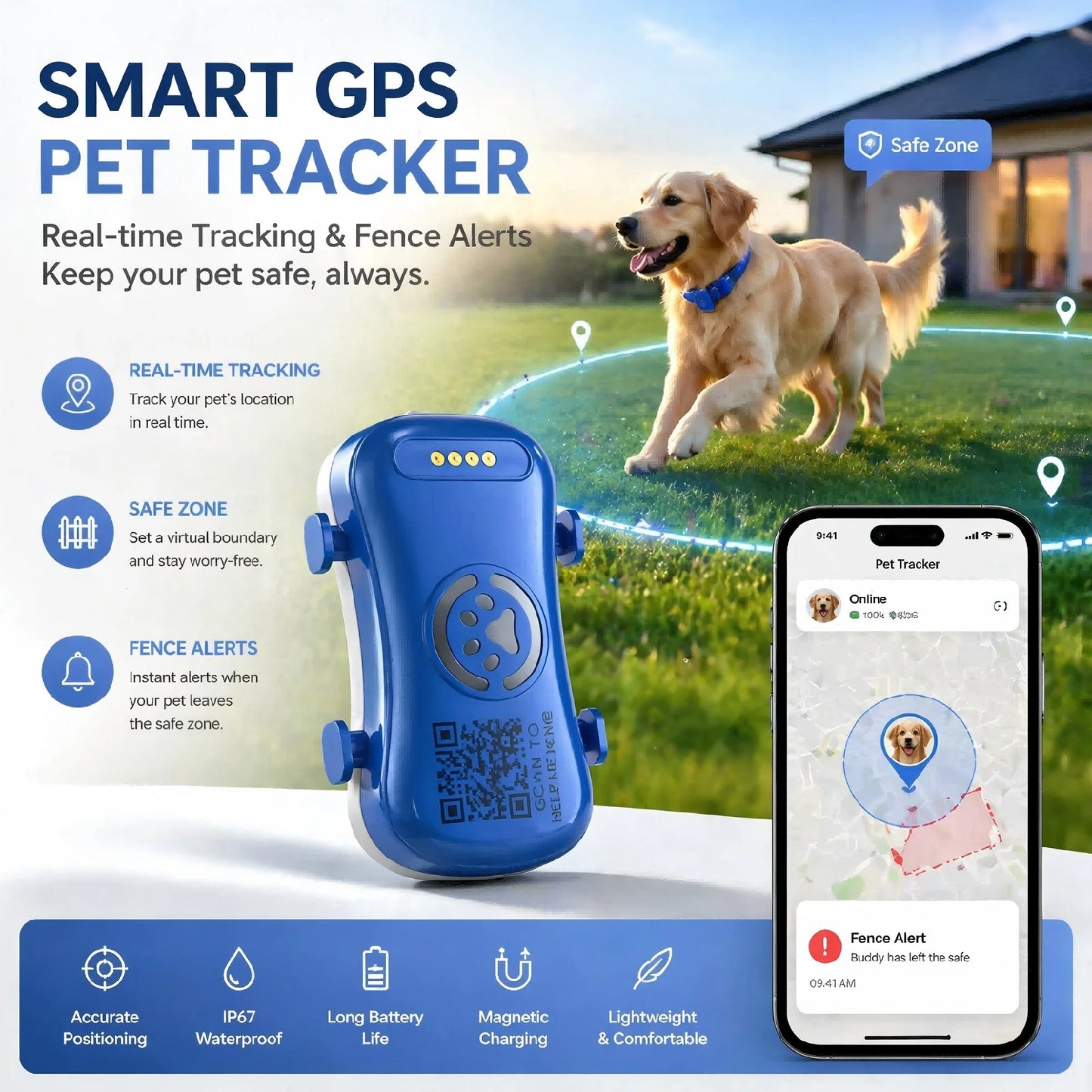 GPS Dog Cat 4G Tracker Built-in SIM with Real-Time Tracking Device, WiFi Home Positioning, IP67 Waterproof, Plan Required