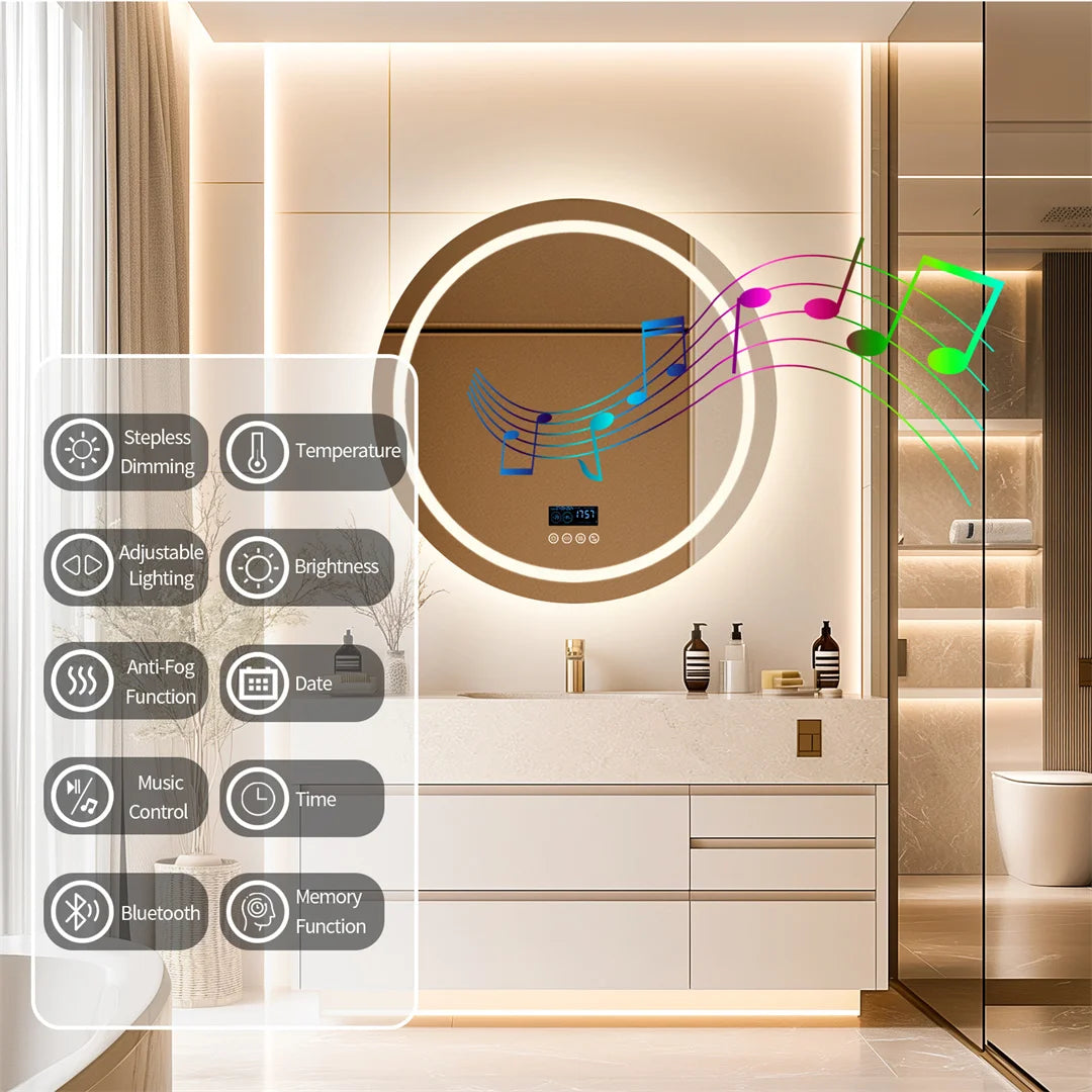 LUVODI Round Bathroom Mirror with Dual Bluetooth Speakers Anti-Fog Lighted Shower Vanity Mirror with Time Weather Display