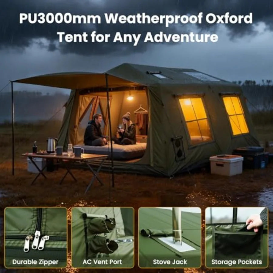 8-10 Person Inflatable Camping Tent,Easy Setup Blow Up Tent with Hand Pump,PU3000mm Waterproof Breathable 4 Season Glamping Tent