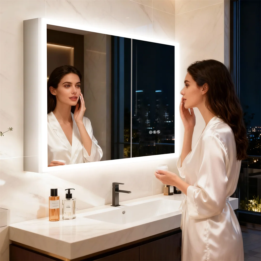 LUVODI Double Door LED Bluetooth Bathroom Mirror Cabinet,Lighted Vanity Cabinet 80x70cm,Adjustable Glass Shelves