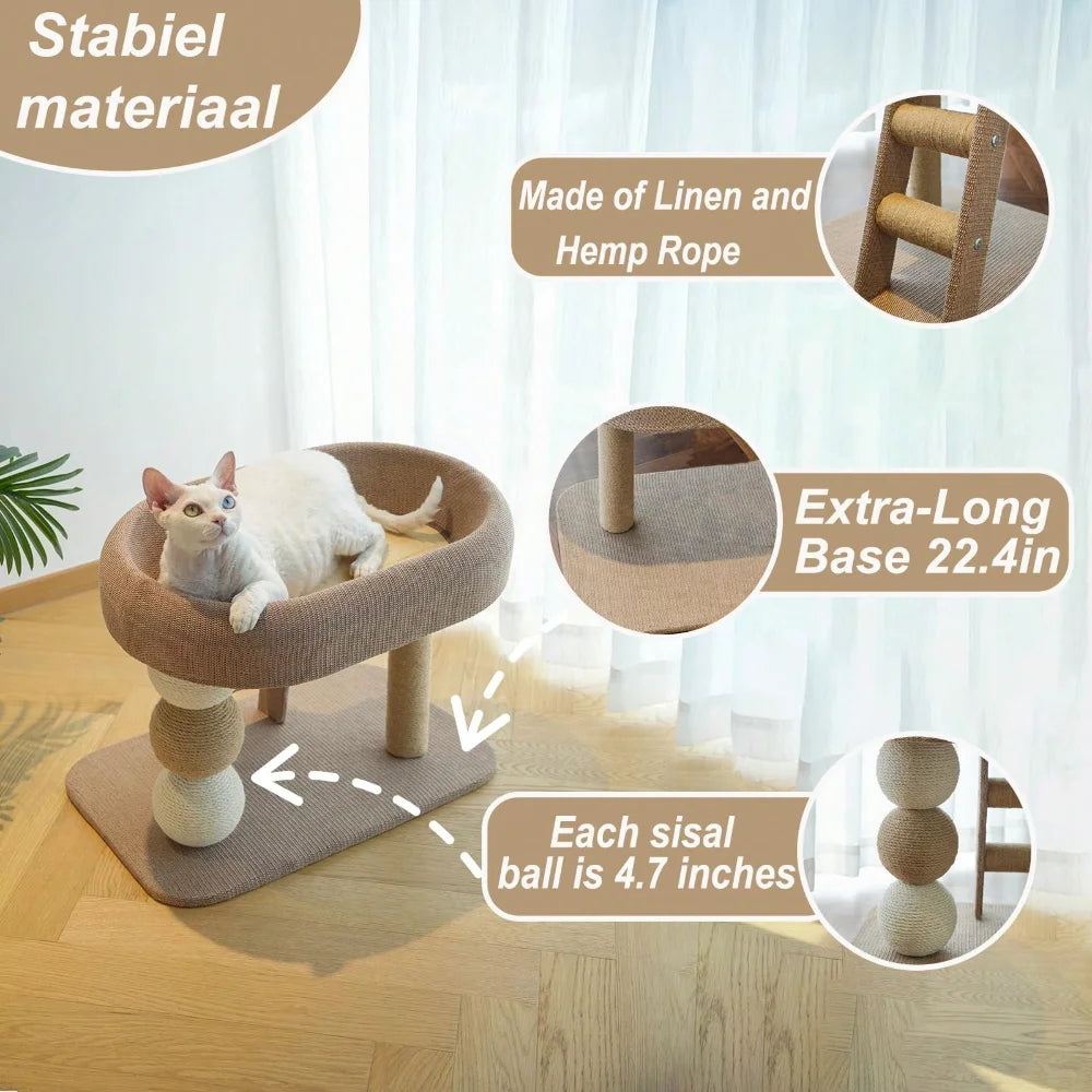 Multi-Level Cat Tree for Indoor Cats with Scratching Post, Large Bed, Cooling Mat, Ladder, Sisal Balls and Stable Base