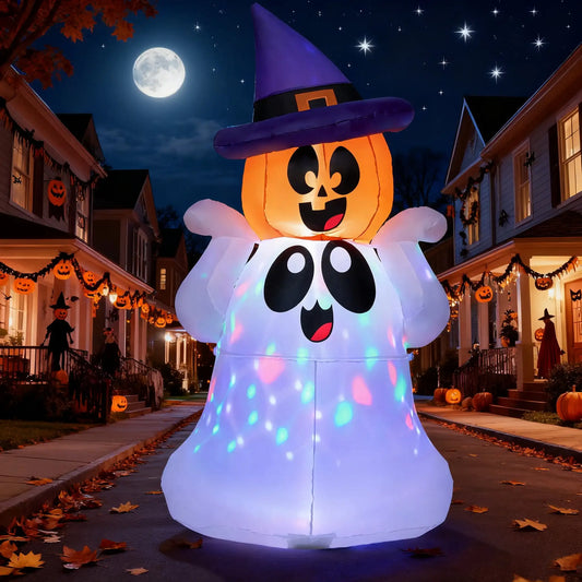 5 FT Tall Pumpkin Ghost Halloween Inflatable with Colorful LED Lights for Halloween Indoor Outdoor Holiday Yard Decoration