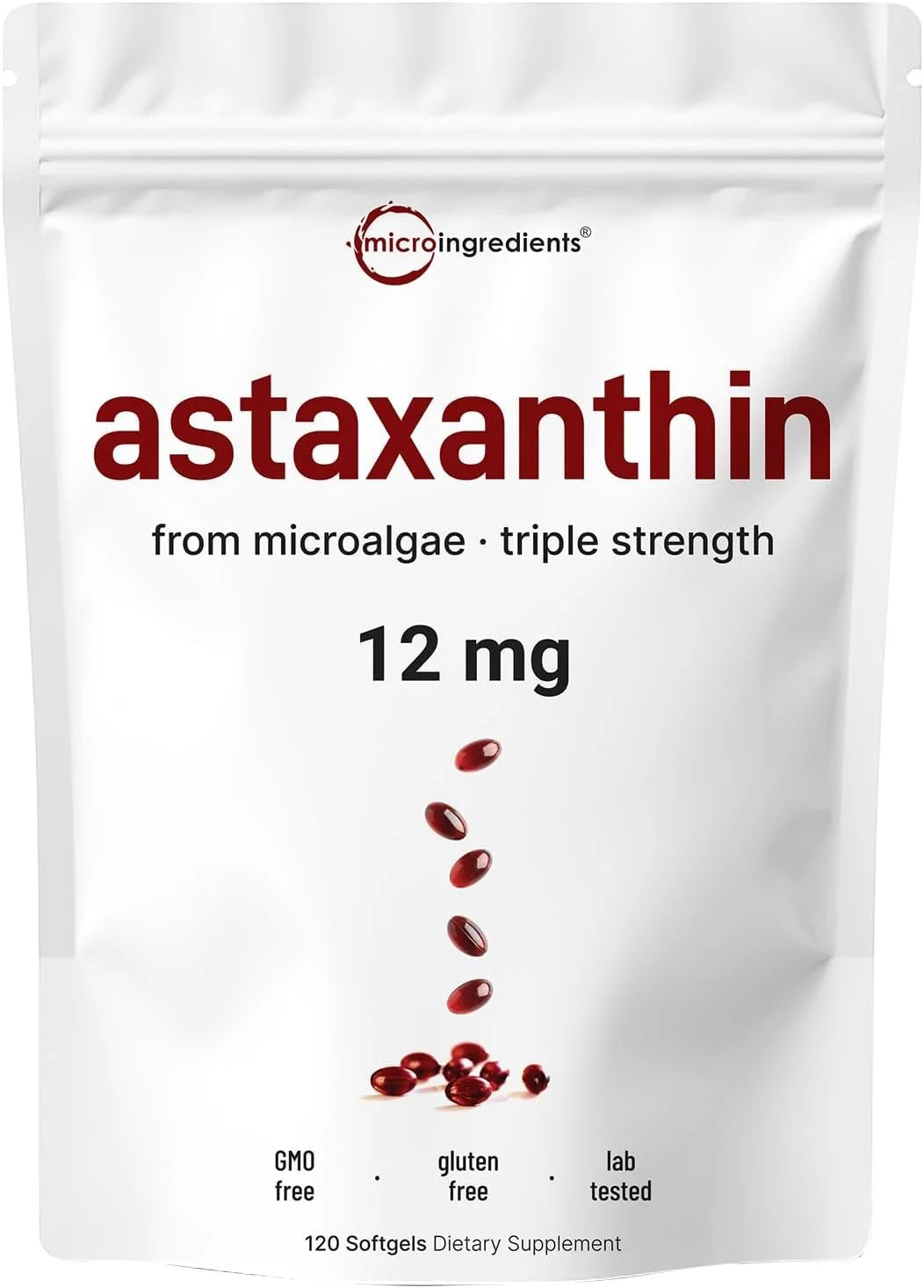 Astaxanthin 12mg with MCT Oil, Premium Astaxanthin Antioxidant Supplements Fresh Microalgae Source, Non-GMO, Gluten Free, No Soy