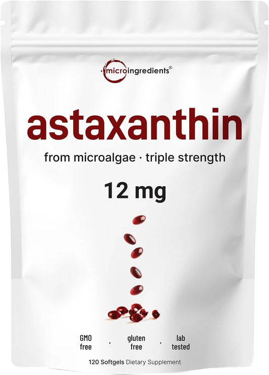 Astaxanthin 12mg with MCT Oil, Premium Astaxanthin Antioxidant Supplements Fresh Microalgae Source, Non-GMO, Gluten Free, No Soy