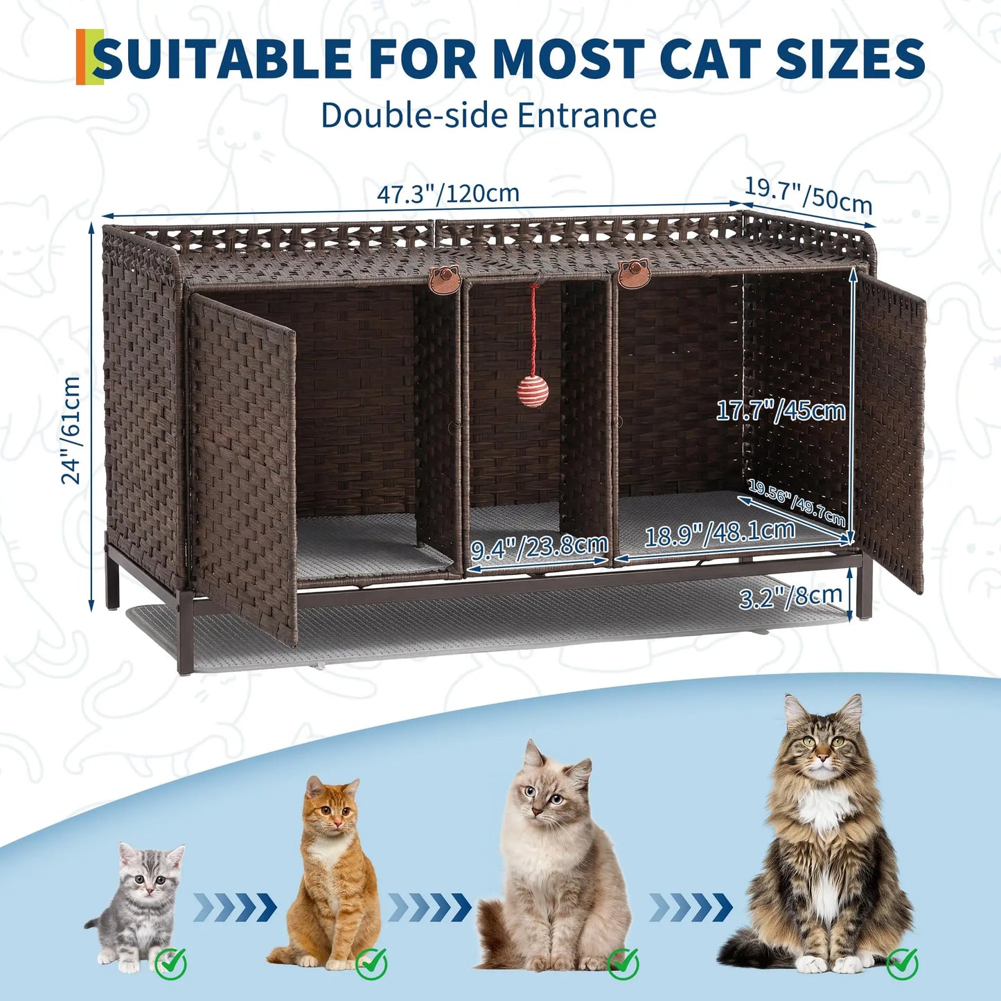 Rattan Double Cat Litter Box Enclosure - Hidden Cabinet for 2 Cats with Removable Mat, Play Game & S-Shaped Hooks - Large Decorative Cat Washroom Furniture for Living Room or Bedroom