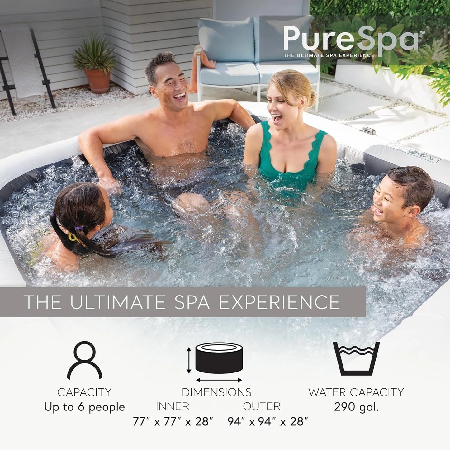 PureSpa Greystone Deluxe 6 Person Square Inflatable Hot Tub, Bubble Massage Spa Set with Energy Efficient Cover, 2, Customized