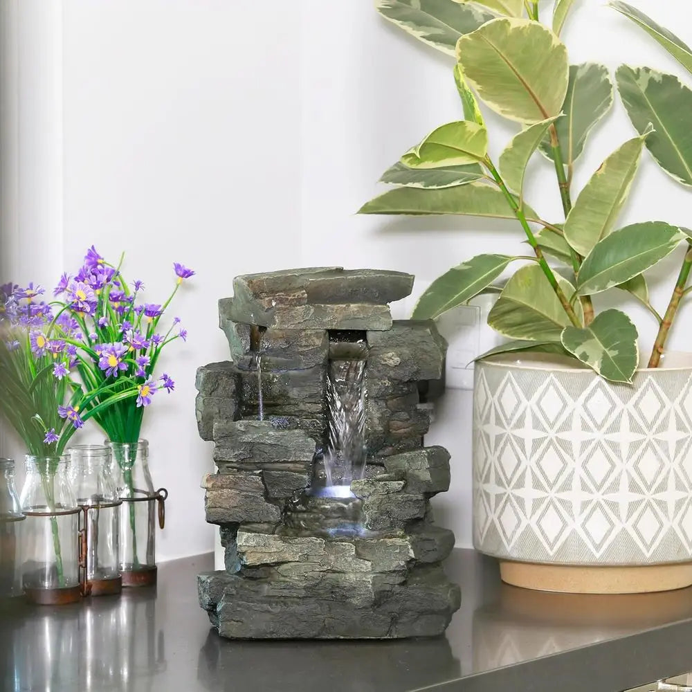 13" Tall Indoor Tabletop Water ountain, 4 Tier Cascading Water eature with LED Lights or Home, Oice, Living Room, or Zen Decor,