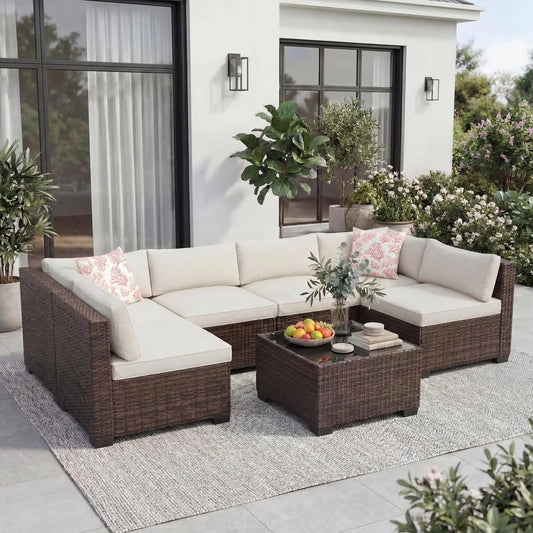 7-Piece Outdoor Patio Furniture Sectional Sofa Set With Ottoman & Storage Table, PE Wicker Conversation Set Poolside Backyard