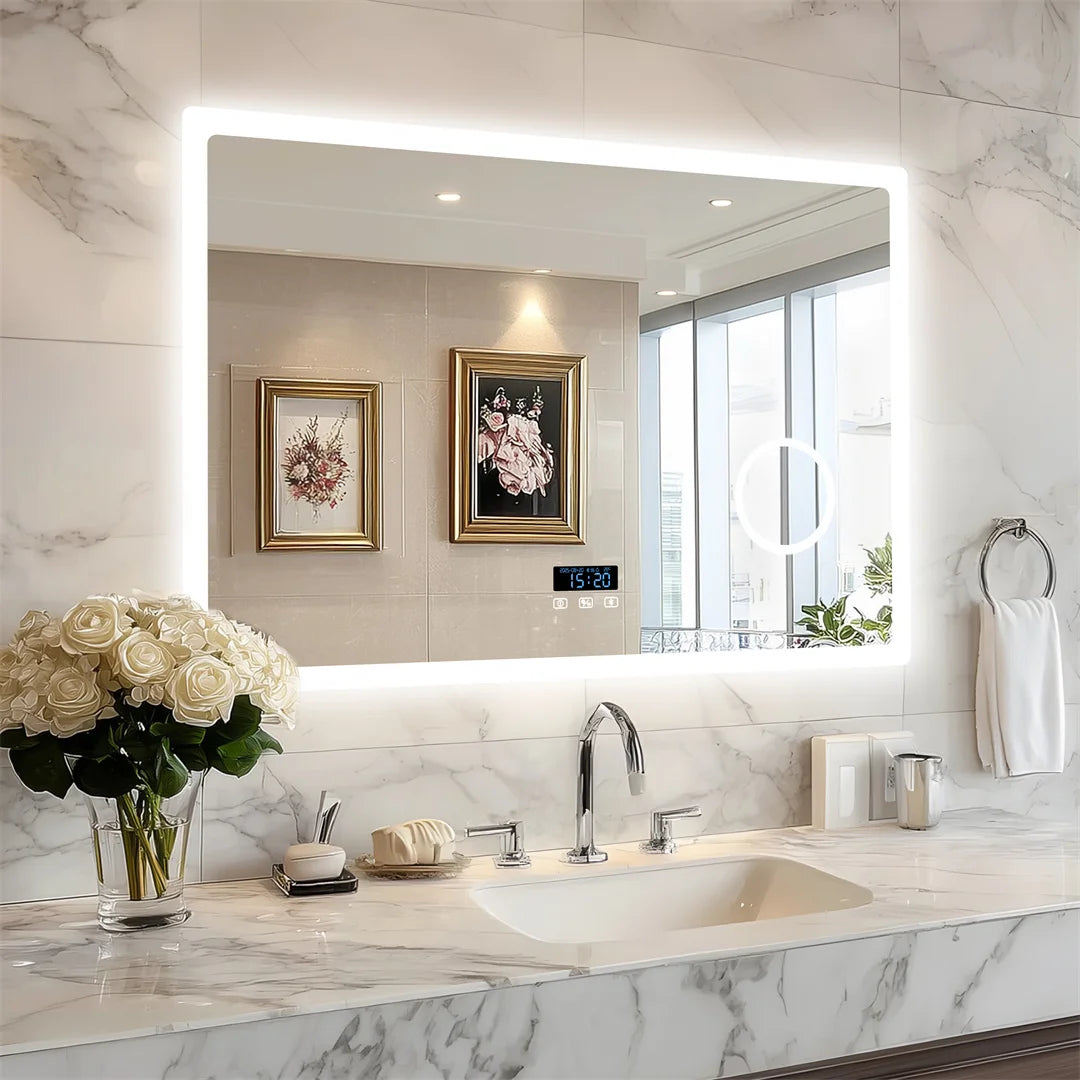 Bluetooth LED Bathroom Mirror 120x70cm Rectangle 3X Magnifying Tempered Glass Makeup Dressing Mirror with Time Display