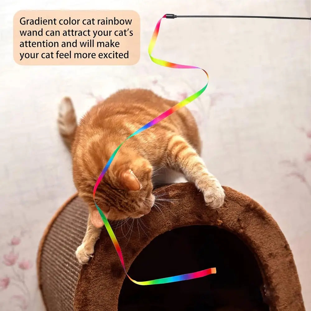 Cat Wand Toys Interactive Kitten Toys Indoor Cats Colorful Teaser Wand String Exercise Kitten Stick Kitty Rope Toy Rainbow Ribbo
