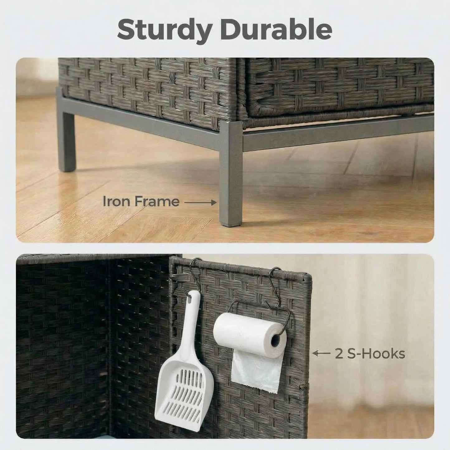 Rattan Double Cat Litter Box Enclosure - Hidden Cabinet for 2 Cats with Removable Mat, Play Game & S-Shaped Hooks - Large Decorative Cat Washroom Furniture for Living Room or Bedroom