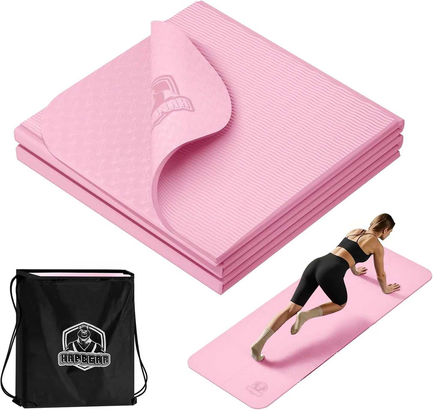 HAPBEAR Foldable Yoga Mat - 72"x24"x0.24" (6mm), Non-Slip TPE Exercise Mat for Home Workout, Yoga, Pilates,Stretching, & Travel, Durable & Eco-Friendly, Includes Carry Bag