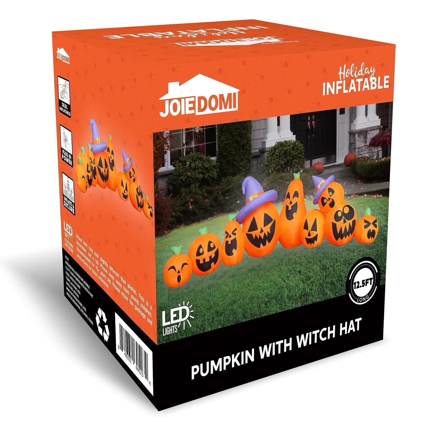 12.5 FT Long Pumpkin Halloween Inflatable with Witch Hat Decorations Inflatables with Build-in LEDs for Halloween Decor