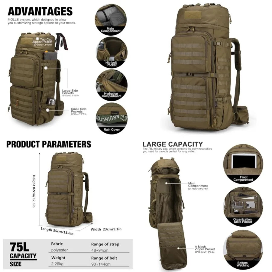 75L Molle Hiking Internal Frame Backpacks with Rain Cover for Camping, Backpacking, Travelling