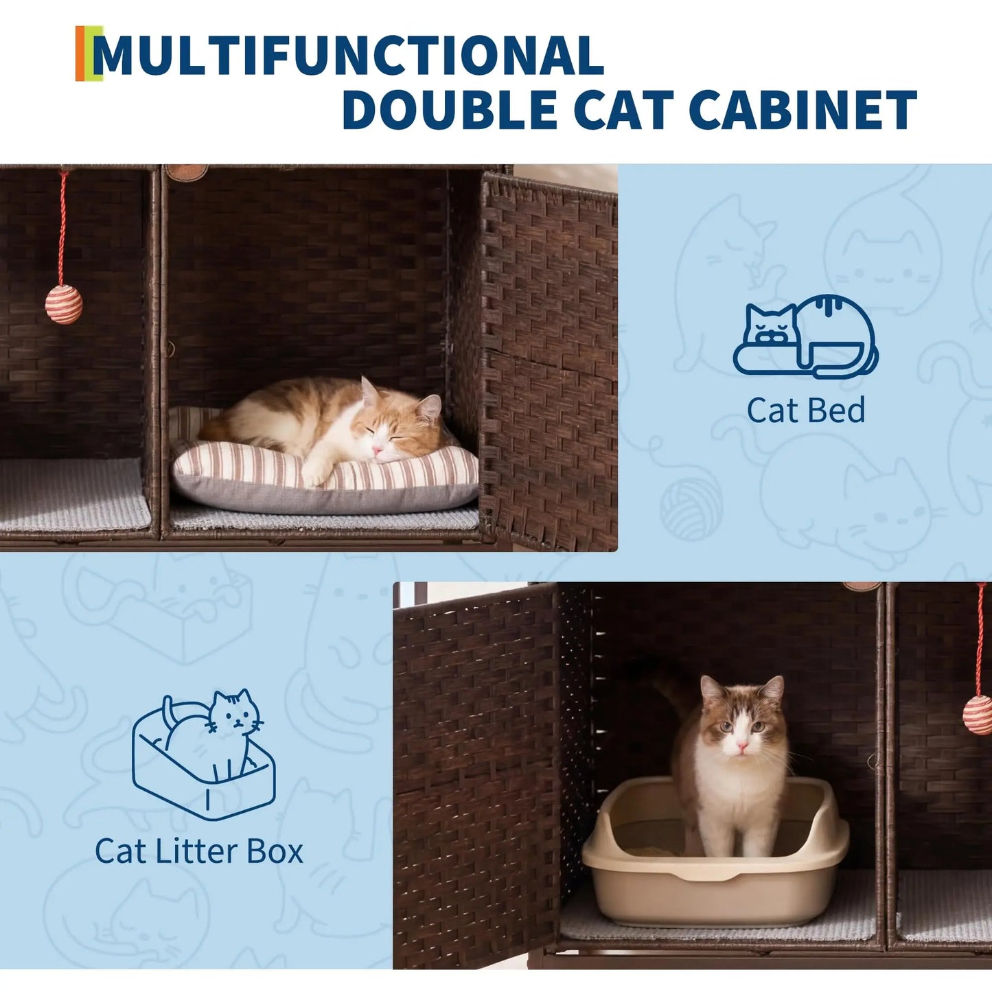 Rattan Double Cat Litter Box Enclosure - Hidden Cabinet for 2 Cats with Removable Mat, Play Game & S-Shaped Hooks - Large Decorative Cat Washroom Furniture for Living Room or Bedroom