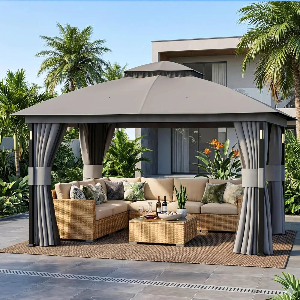 11x13 Outdoor Patio Gazebo with LED Lights & Bluetooth Speaker Double Roof Metal Frame Netting Curtains Backyard Canopy, Custom