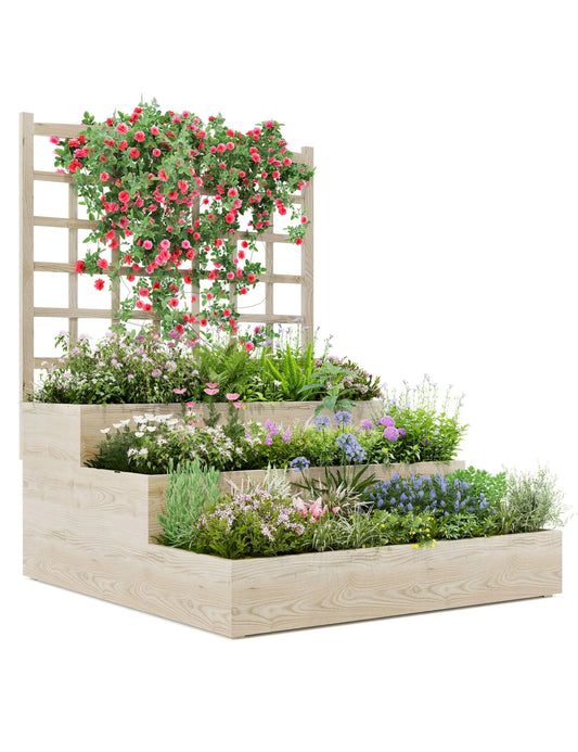 3-Tier Elevated Garden Bed with Trellis - Wooden Vertical Planter Box for Vegetables, Flowers, Herbs & Climbing Plants - Outdoor