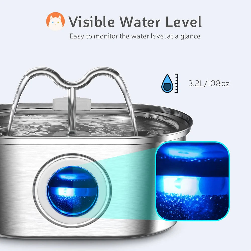 3.2L Cat Drinking Fountain Automatic Stainless Steel Pet Dogs Water Dispenser Ultra-quiet Pump Water Foutain For Multiple Pets