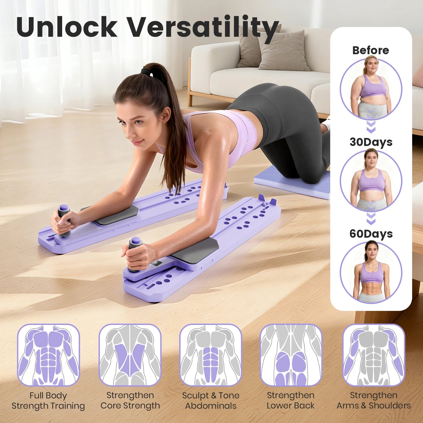 Portable Pilates Board Abdominal Fitness Equipment Push-Up Ski Balance Board Smart Reps/Kcal/Timer Display for Core Workouts