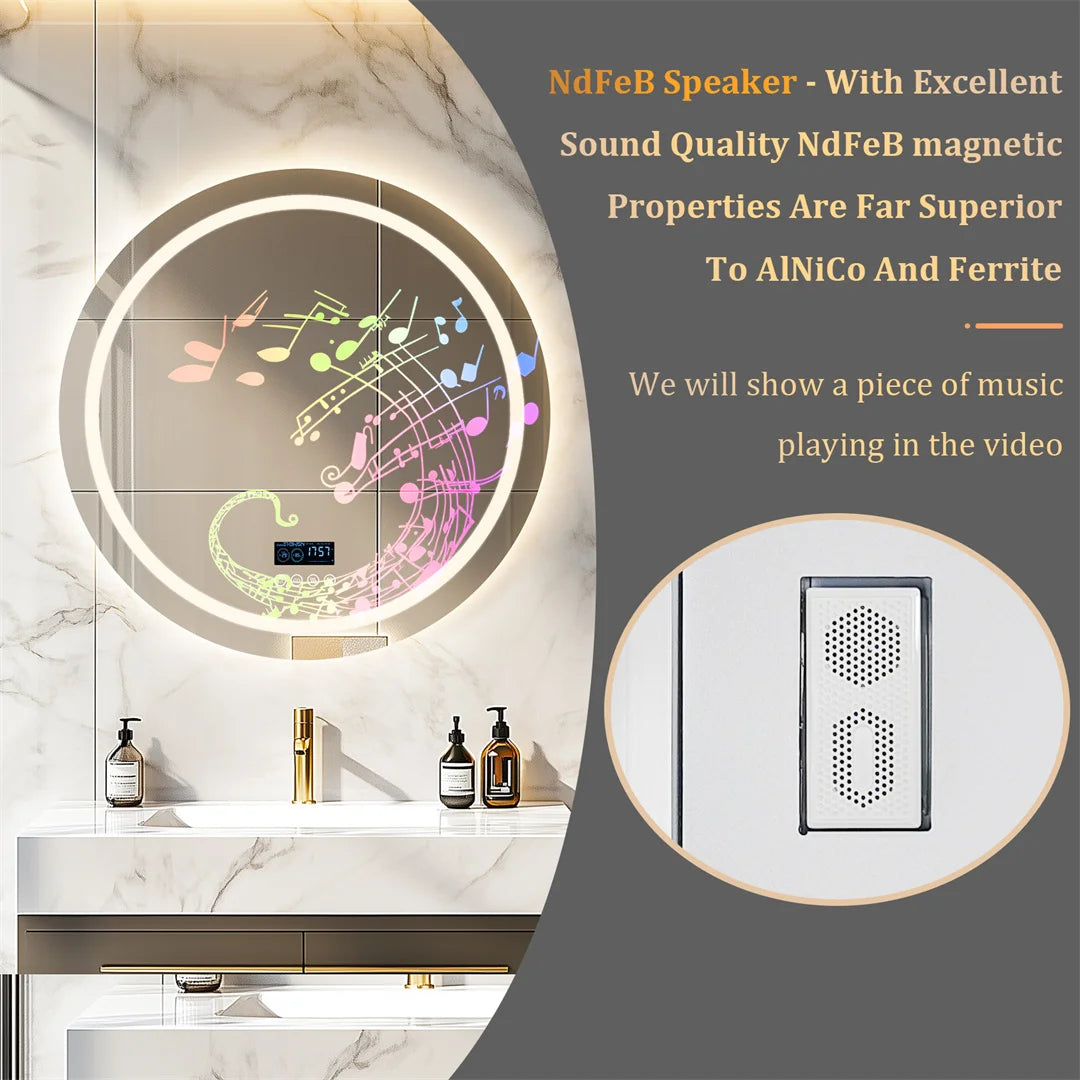 LUVODI Round Bathroom Mirror with Dual Bluetooth Speakers Anti-Fog Lighted Shower Vanity Mirror with Time Weather Display