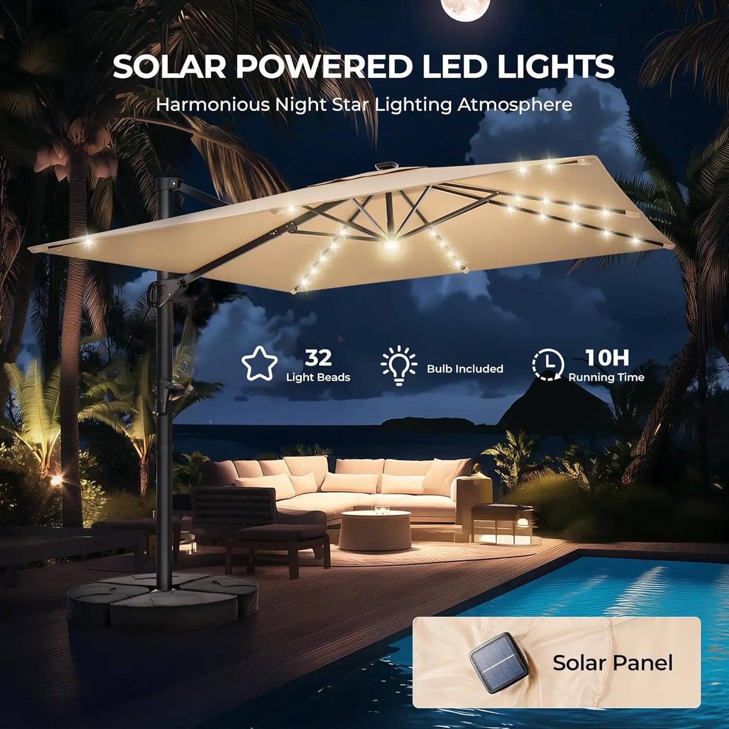 10 ft Square Cantilever Patio Umbrella with Base Included, Solar Lights Large Umbrella Outdoor Patio with, Customized