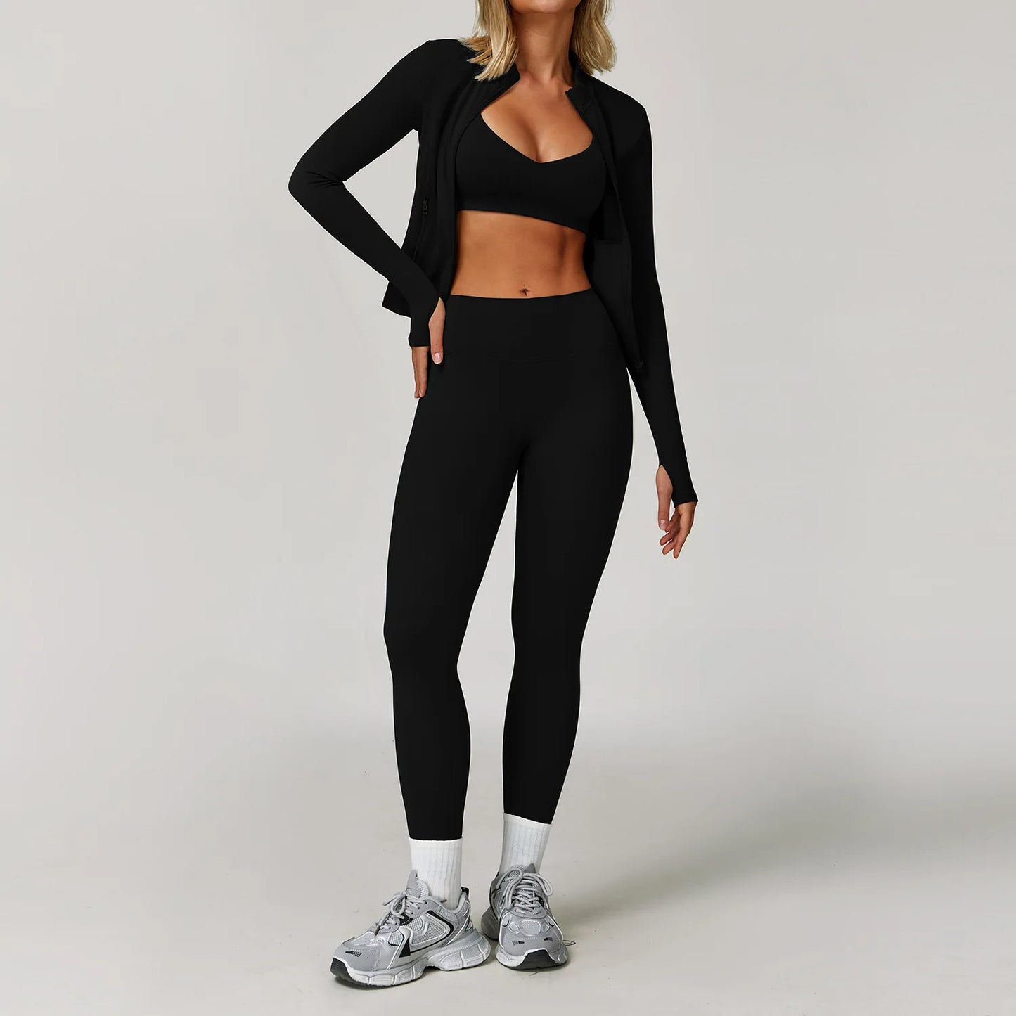 3PCS Gym Set Women Yoga Bra Jacket High Waist Workout Scrunch Leggings Shorts Sports Suit 2 Pieces Yoga Set Fitness Clothes