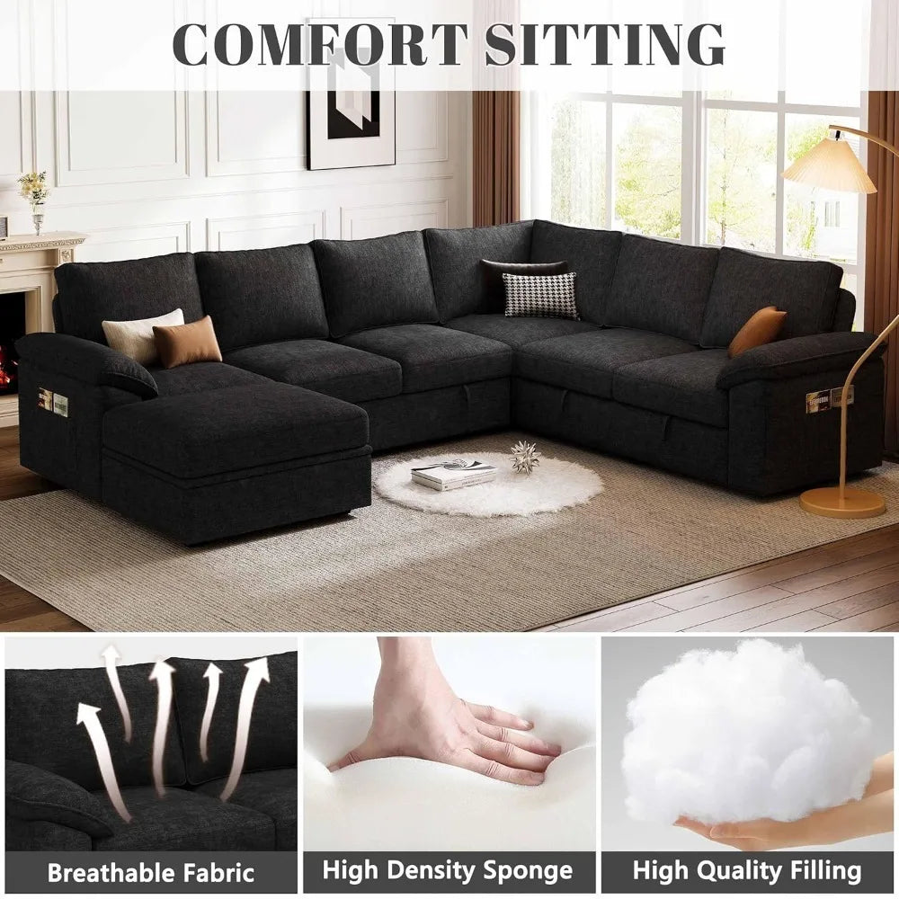 108 Inch Modular Sectional Sofa with Pull Out Bed, U Shaped 7 Seat Sectional Sleeper Sofa with Storage, Sectional, Customized