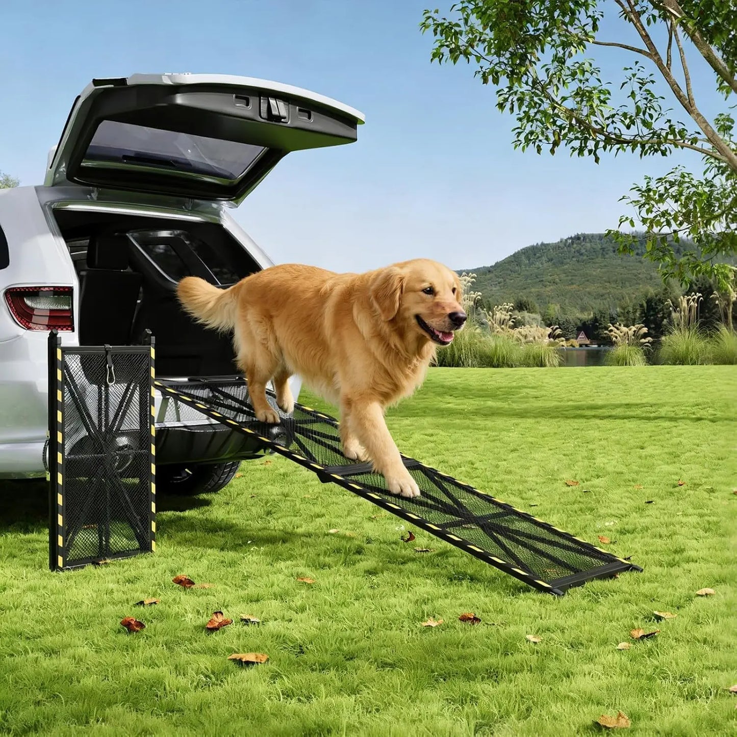 Dog Ramp for Pets - Collapsible & Portable Steel Pet Ramp, Incline Access Ramp for Car SUV/Truck/RV/Bed, Lightweight Ramps with Non-Slip Mesh Up to 300LBS, Black