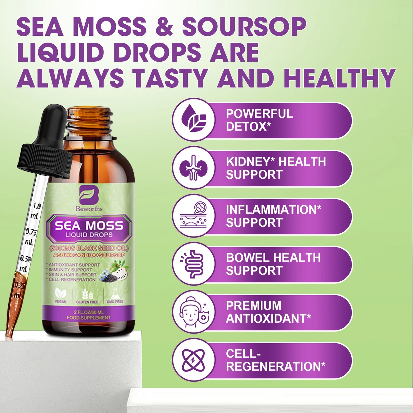 BEWORTHS 60ML Sea Moss Extract Drop Support Immunity and Kidney Health, Promote Digestion and Antioxidation