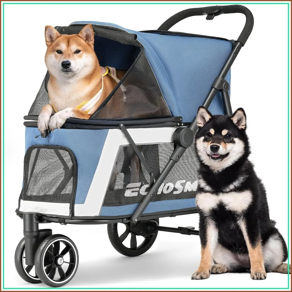 Foldable Pet Stroller for Medium & Small Dogs, 3-Wheel with Brakes, All-Terrain Carrier with Breathable Mesh, Safety Leash & Storage Pocket