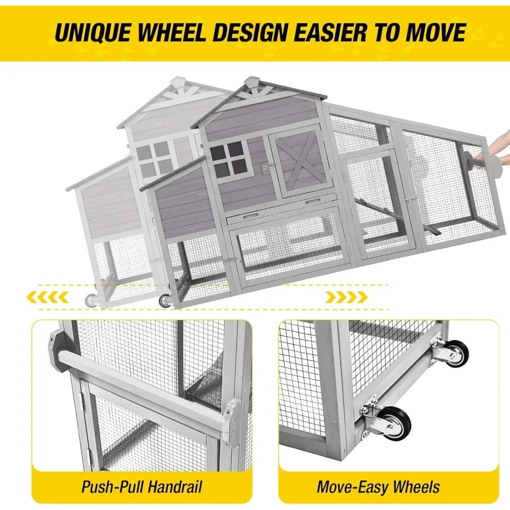 Chicken Coop Mobile Chicken Coop with Large Chicken Coop, Expandable Outdoor Wooden Poultry Cage with Wheels