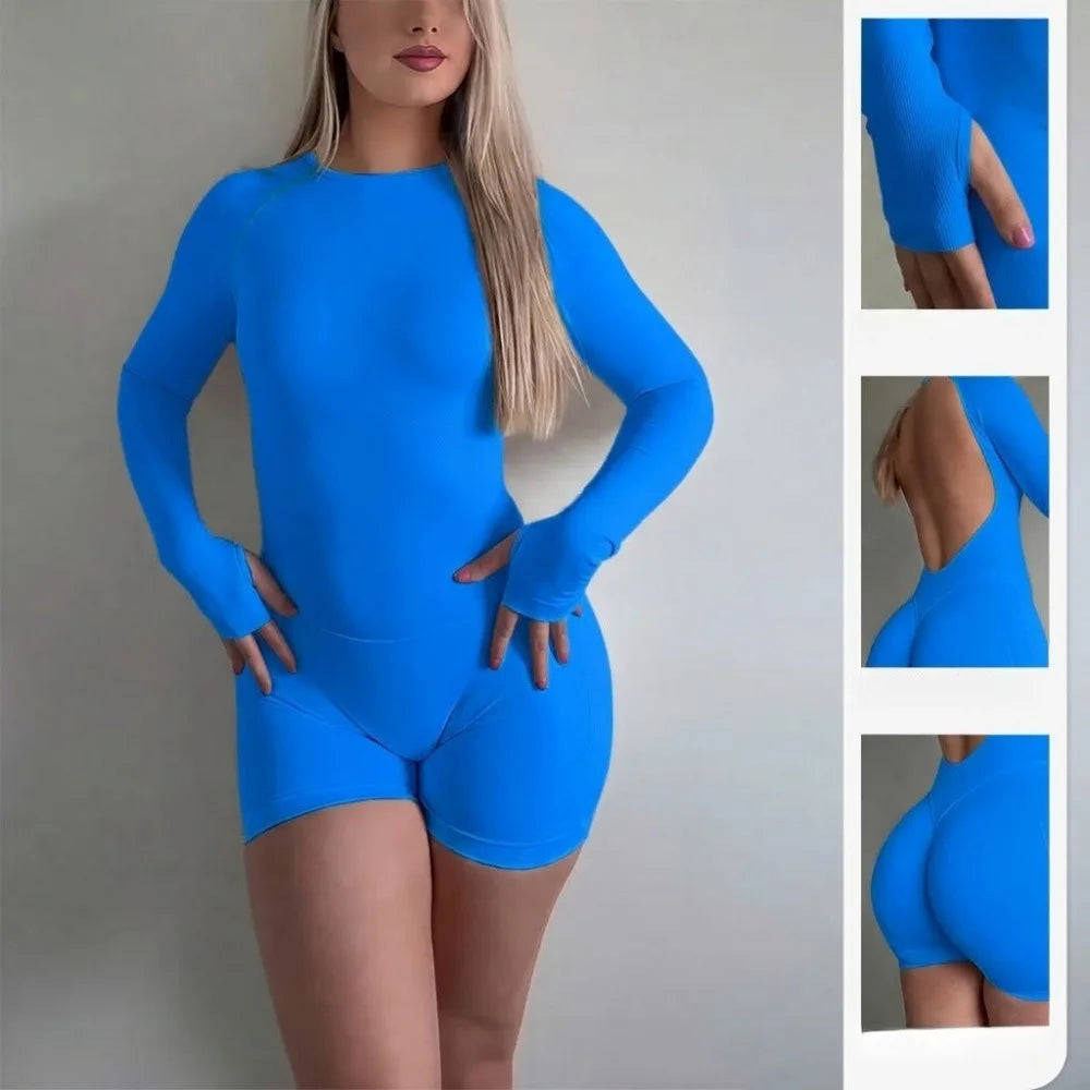 Women Long Sleeve Yoga Jumpsuit Shorts Seamless Knit Open Back One Piece Workout Romper Nylon Stretch Gym Jumpsuit Breathable Cycling Outdoor Sports Fitness Training Daily Activewear