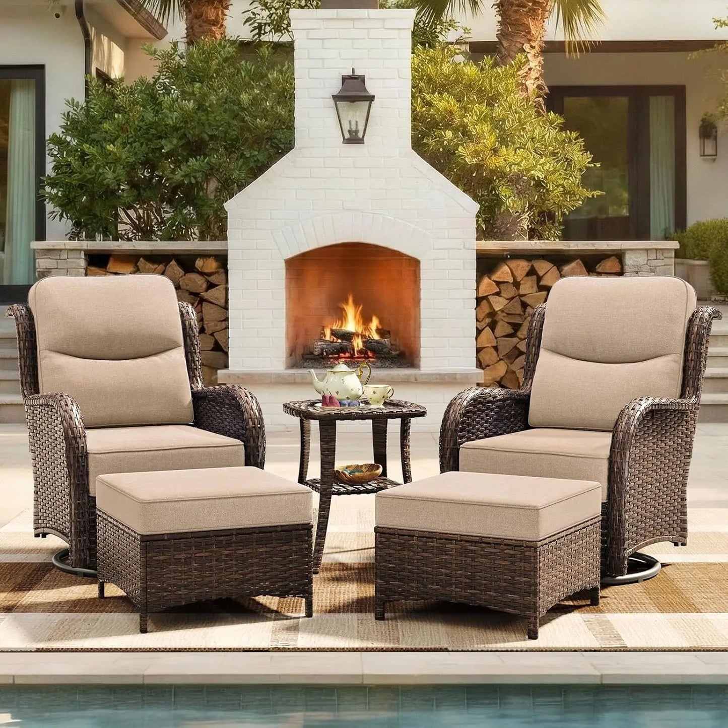 Luxury Patio Furniture Set with 6-inch Thick Cushion, Outdoor High Back Swivel Rocker Patio Chairs, 5PCS Wicker, Customized