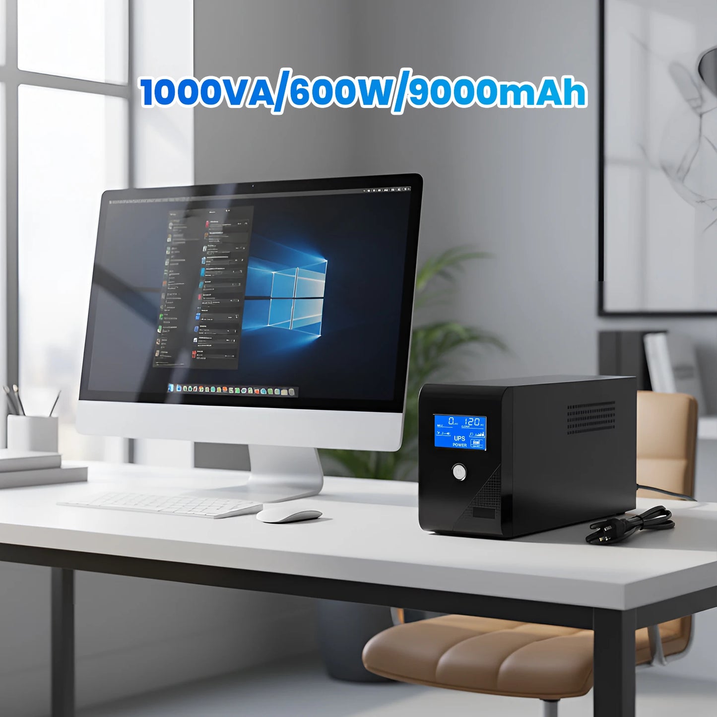 1000VA UPS Power Supply 600W Battery Backup Power with 3 Outlets Intelligent LCD Display Power Outage Protection