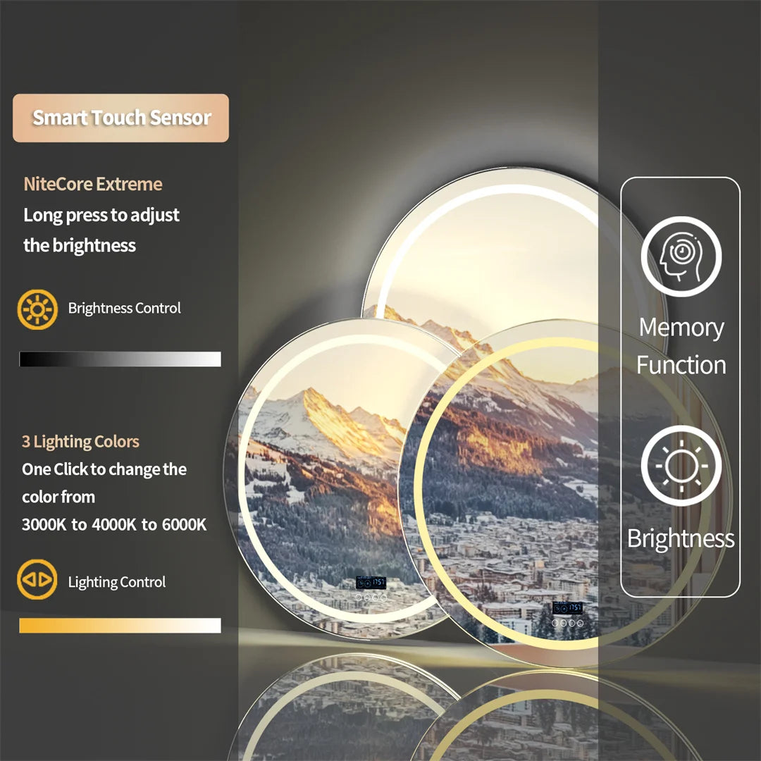 LUVODI Round Bathroom Mirror with Dual Bluetooth Speakers Anti-Fog Lighted Shower Vanity Mirror with Time Weather Display