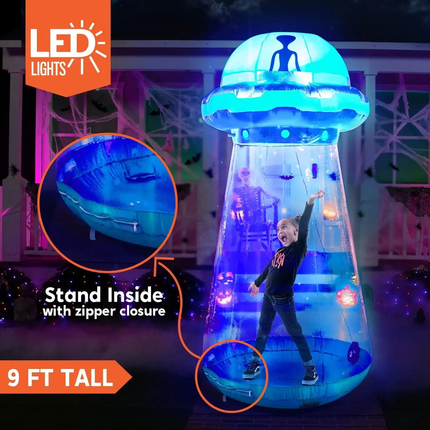 Joyfy Halloween Inflatable 9 ft UFO Alien Decoration for Halloween Decoration with Built-in LED Blow Up Yard Lawn Decoration