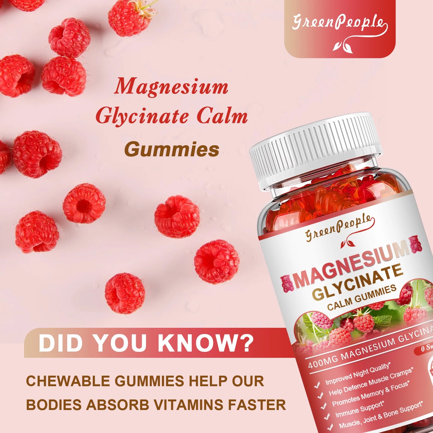 400mg Magnesium Glycinate Gummies with Magnesium Malate,Vitamin D,B6 & CoQ10 for Calm Support & Sleep for Adults Raspberry