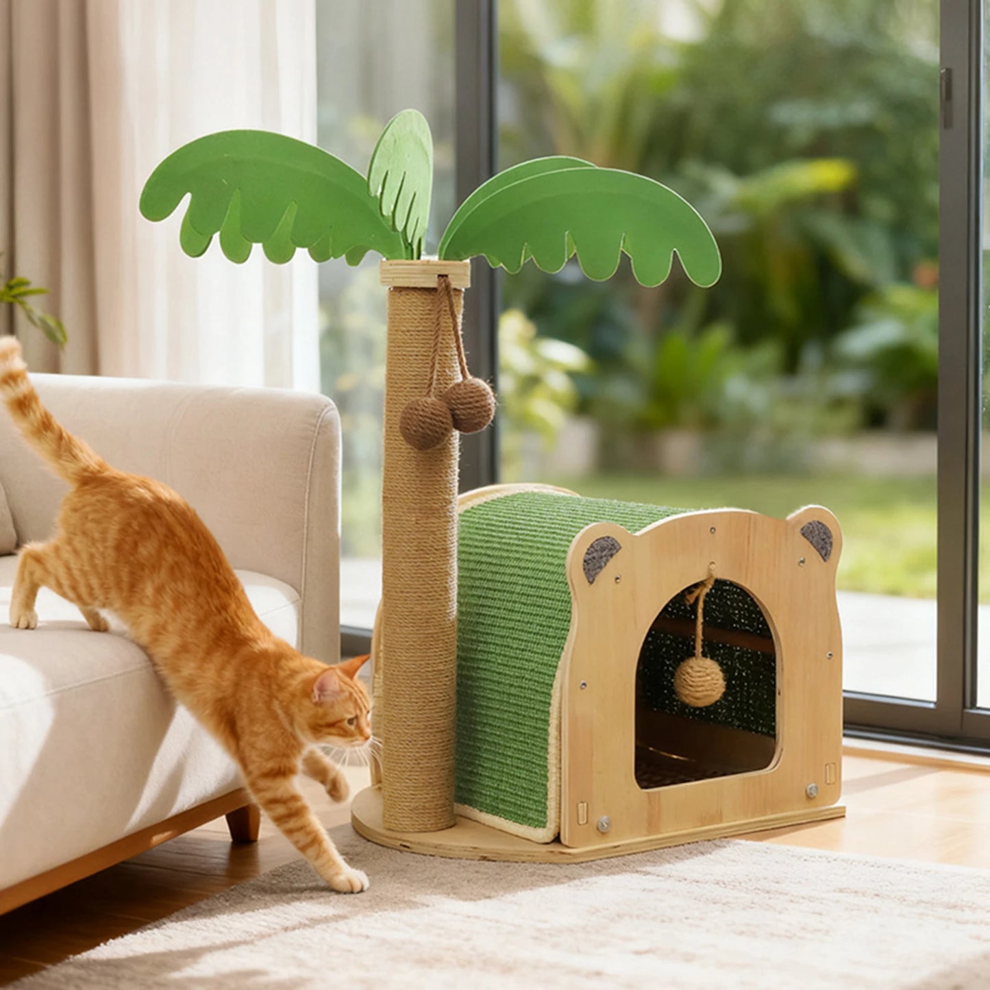 Coconut Tree Sisal Scratch Posts with Hanging Balls Cat Toy Wooden Interactive Condo for Kittens and Cats