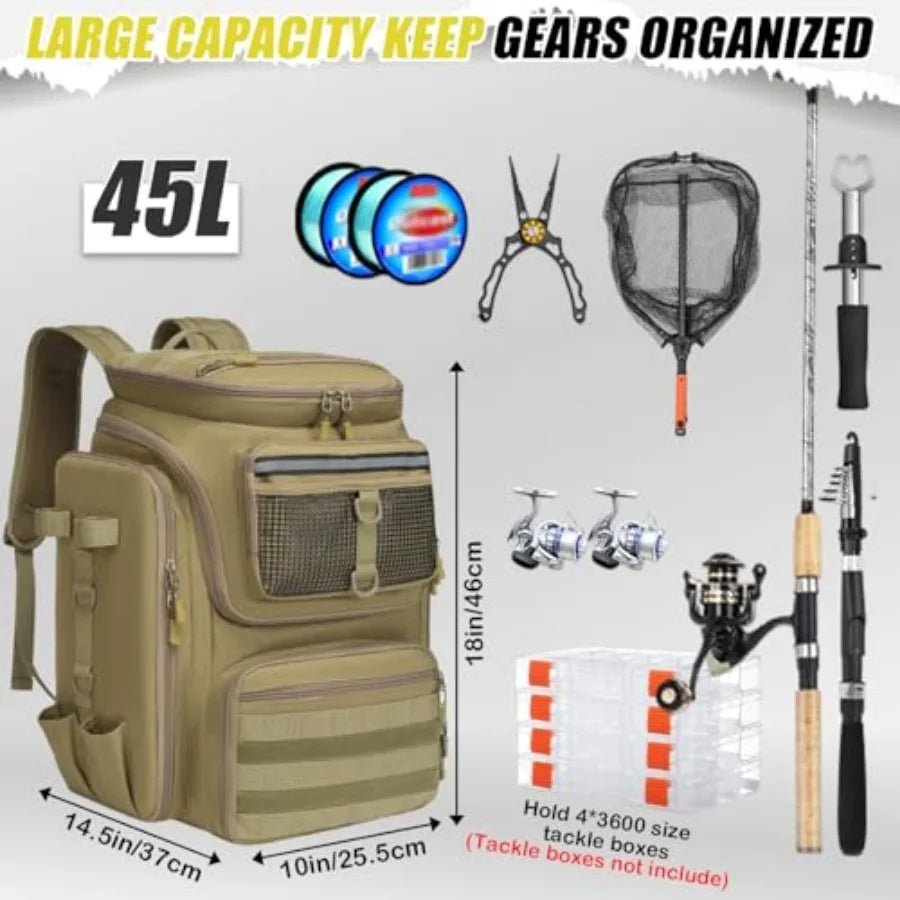 Fishing Backpack 45L with Rod Holders, Water-Resistant Tackle Backpack for Fishermen, Large Capacity Fishing Gear Bag for Trave