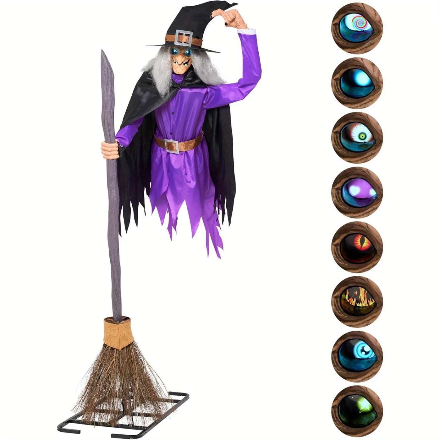 8FT Tall Animated Flying Witch Halloween Decorations Outdoor Floating Witch on Broom Animatronics Hovering Witch Decor with Light Eyes and Spooky Voice, Scary Haunted House Prop for Outside Yard Lawn