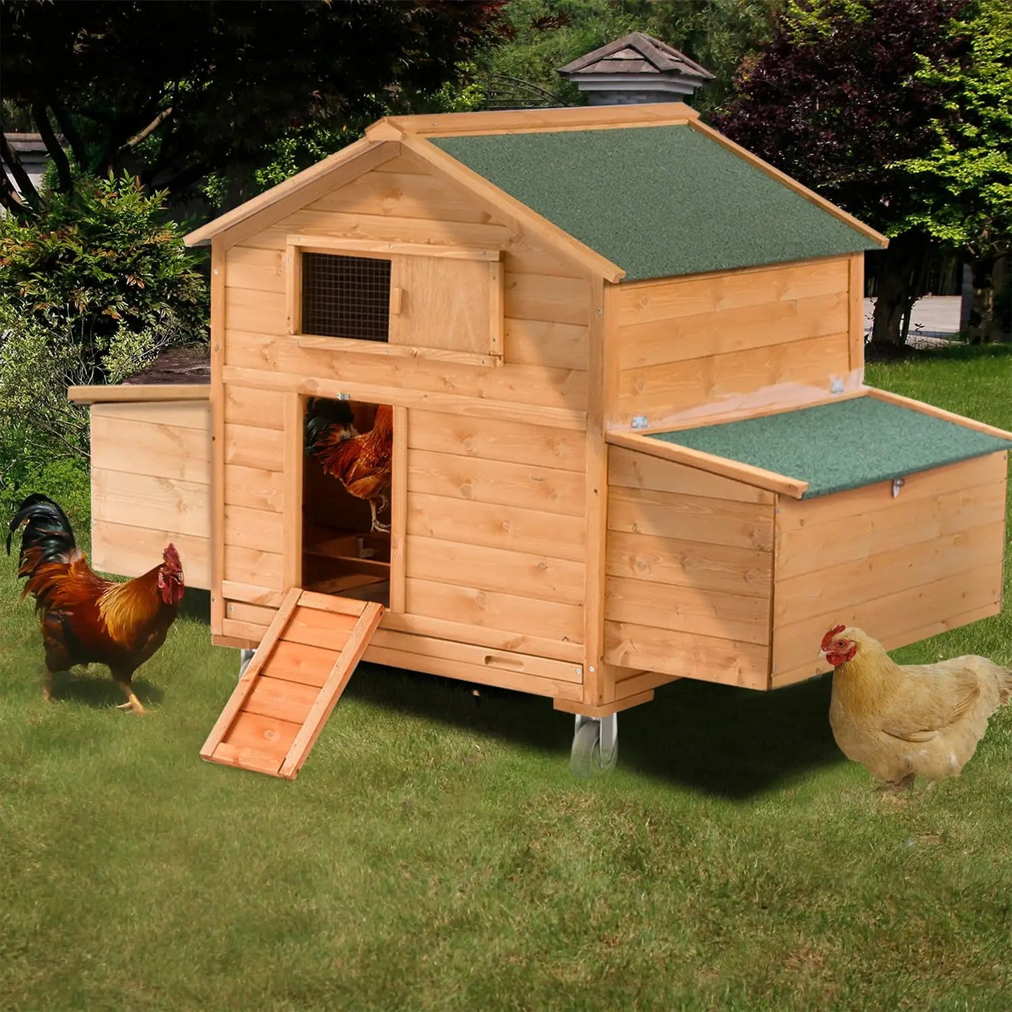 Large Chicken Coop with Wheels, Waterproof Outdoor Hen House for 6-8 Chickens, Movable Chicken House with Two, Customized