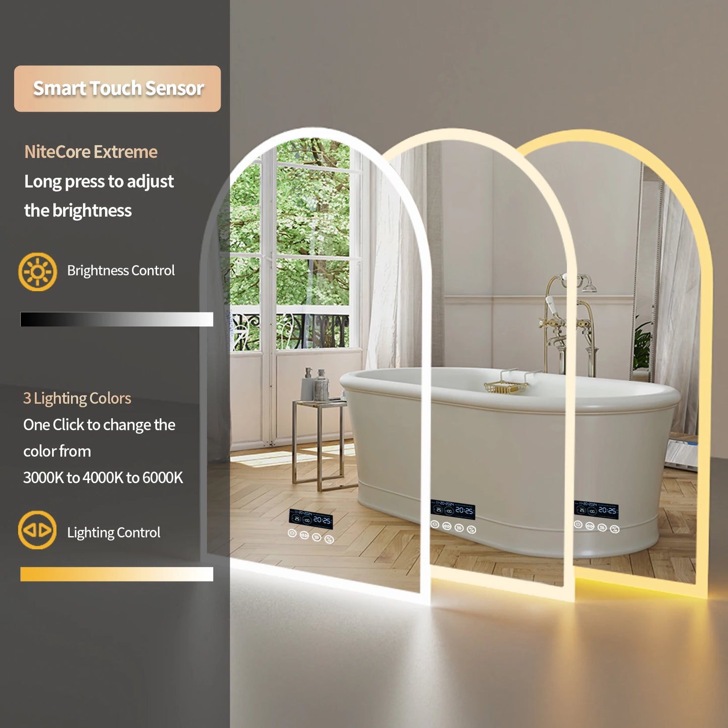 LUVODI Arched Bluetooth Bathroom Mirror with LED Backlight Dimmable Fogless Vanity Mirror with Time And Temperature Display