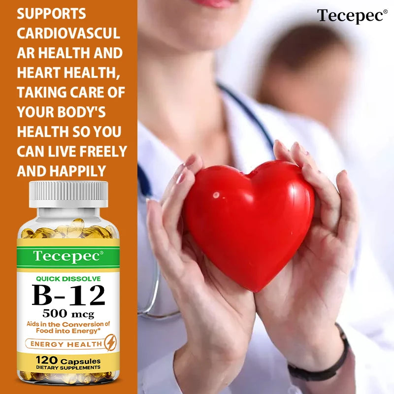 Vitamin B12 Capsules 500mcg - Support Energy, Brain, Heart, Immune Health, Mood, Metabolism & Neurosystem, Vegan, 120 Capsules
