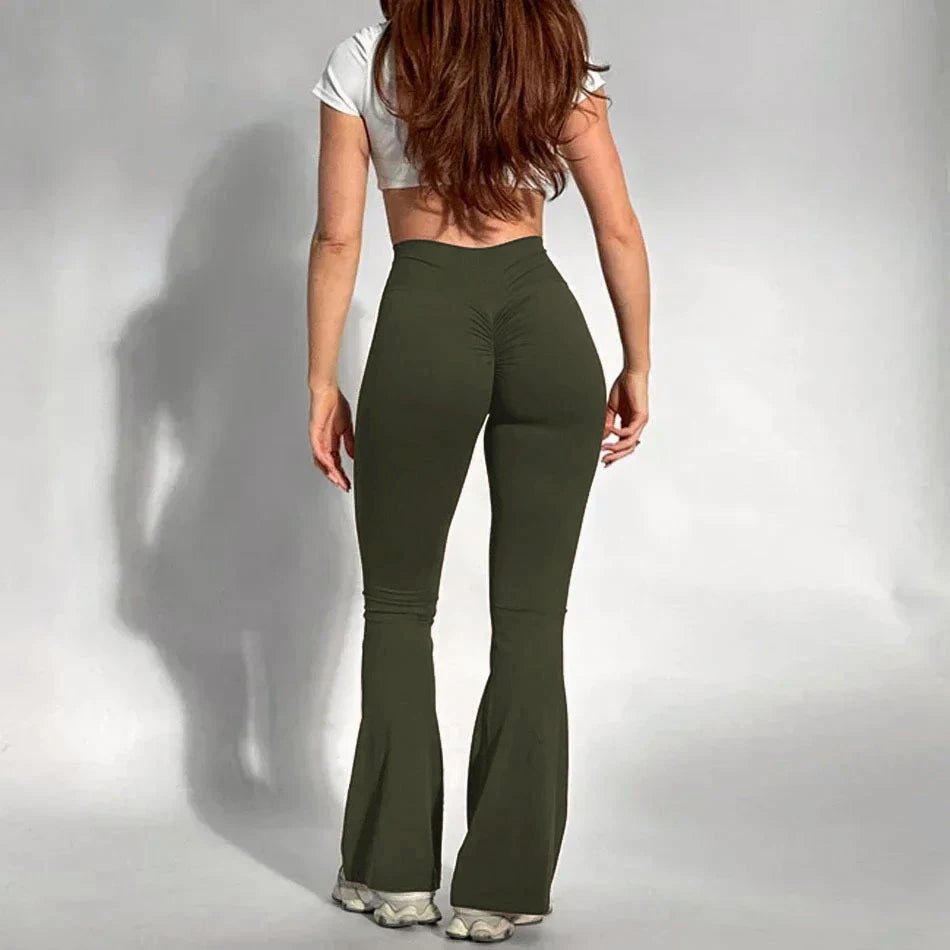 Women's Yoga Flare Trousers, High-Waisted Tummy-Control Wide-Leg Trousers Outdoor Casual Leggings with Pockets, Gym Workout Trou