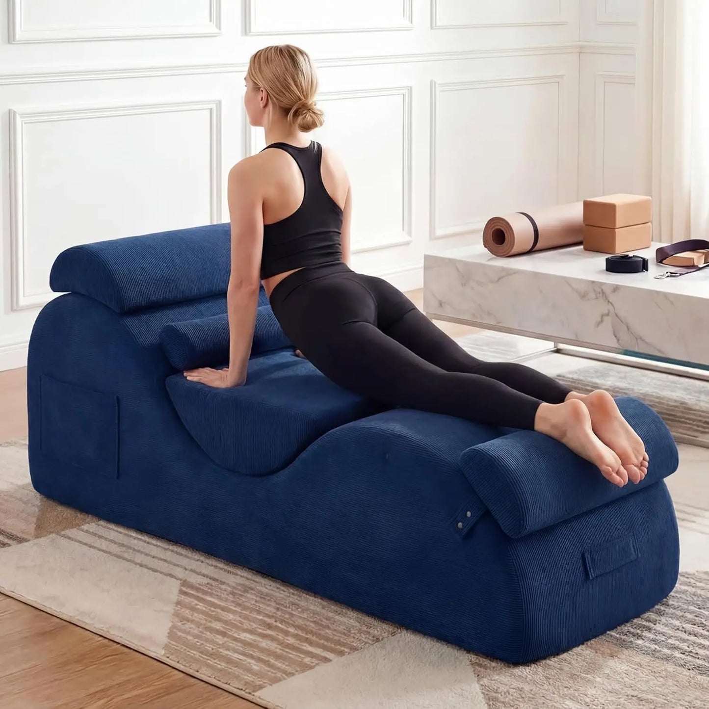 Ergonomic Yoga Chaise Lounge Indoor Side Pockets Lumbar Pillow Stretching Exercise Home, Customized