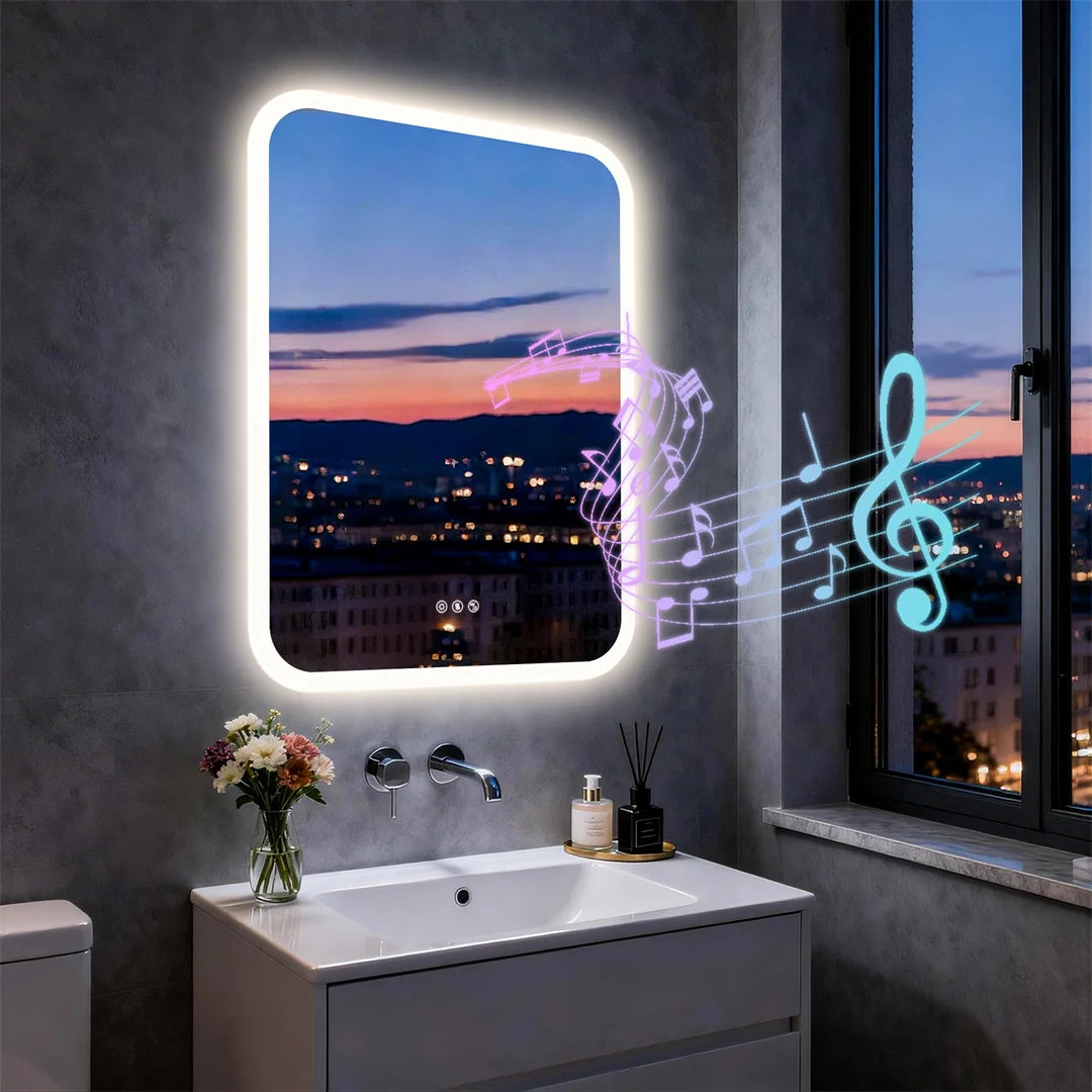 LUVODI 60x80cm Rectangle Smart LED Bathroom Mirror with Bluetooth Speaker - Anti Fog Illuminated Vanity Makeup Mirror Dimmable 3 Colors Wall LED Backlight